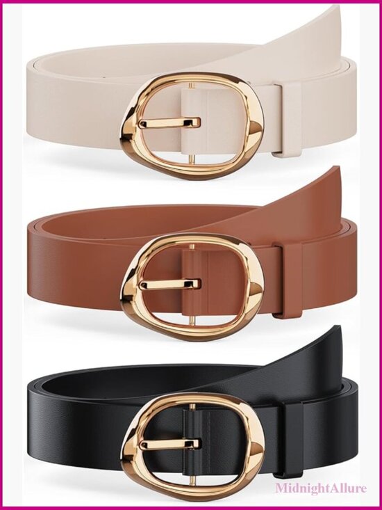 3 Pack Women\'s Leather Belts for Jeans Dresses Pants with Gold Buckle Trendy